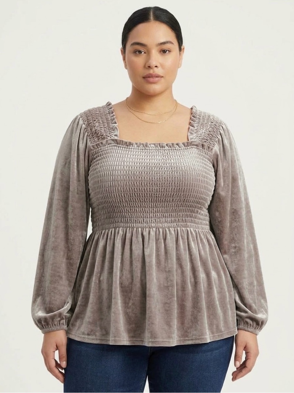 BiBi Velvet Smocked Babydoll Blouse Square Neck Long Balloon Sleeve Taupe XL
